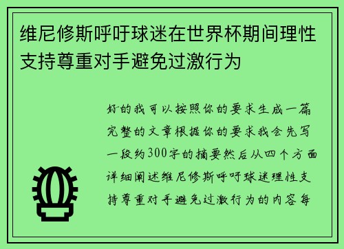 维尼修斯呼吁球迷在世界杯期间理性支持尊重对手避免过激行为